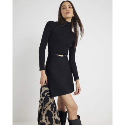 Black Knitted Belted Mini Dress