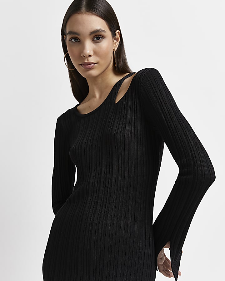 Black knitted bodycon midi dress