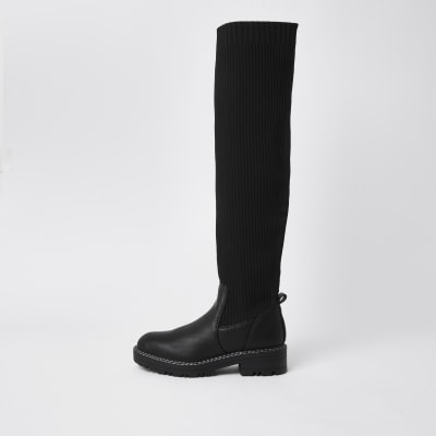Black knitted chunky high leg boots | River Island