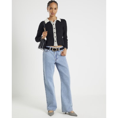 Black Knitted Collared Boucle Peplum Top