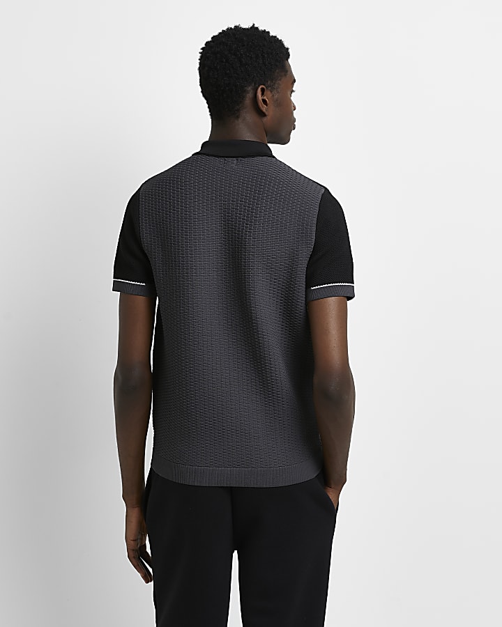 Black knitted colour block polo shirt