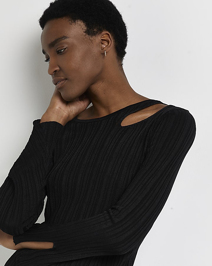 Black knitted cut out top