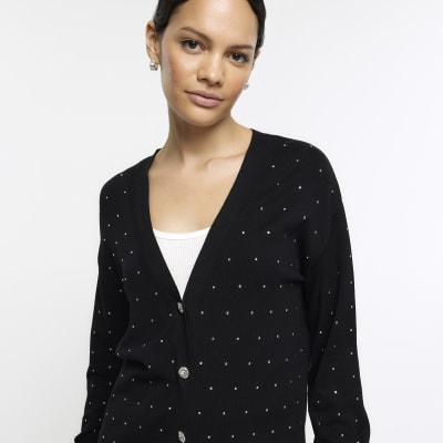 Black knitted embellished cardigan | River Island