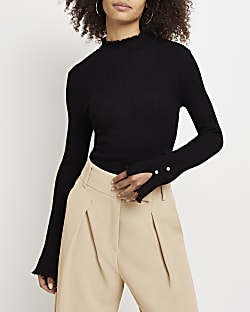 Black knitted frill top