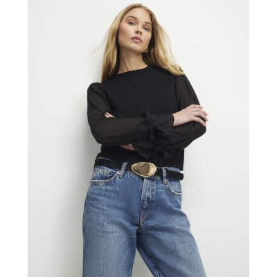 Black Knitted Long Chiffon Sleeve Top