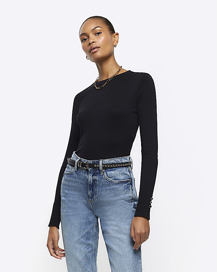 Black knitted long sleeve top | River Island