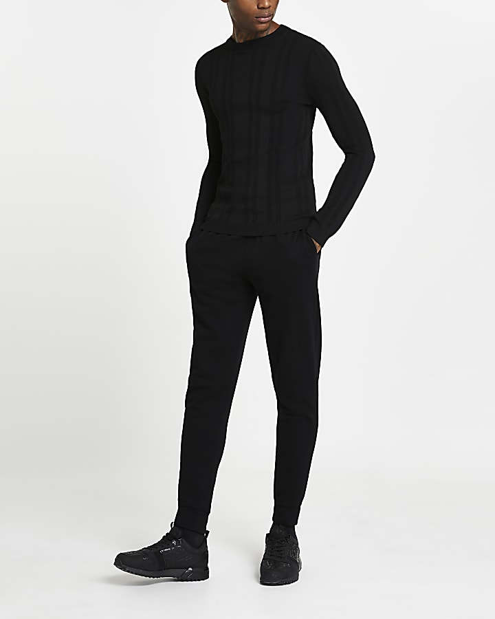 Black knitted muscle fit crew neck jumper