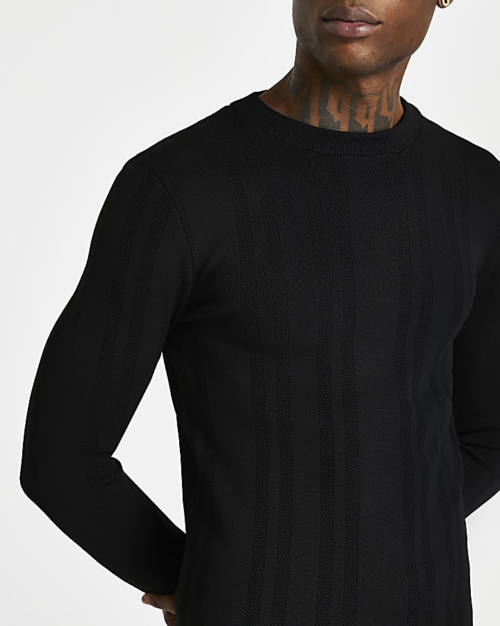Black knitted muscle fit crew neck jumper