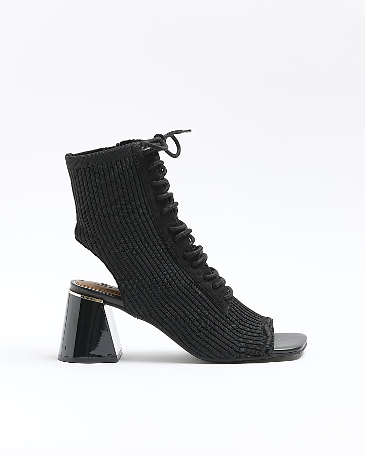 Black knitted open toe heeled boots