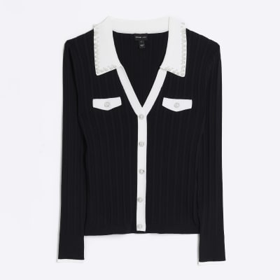 Black knitted pearl collar jumper River Island