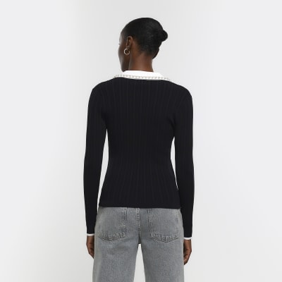 Black knitted pearl collar jumper River Island