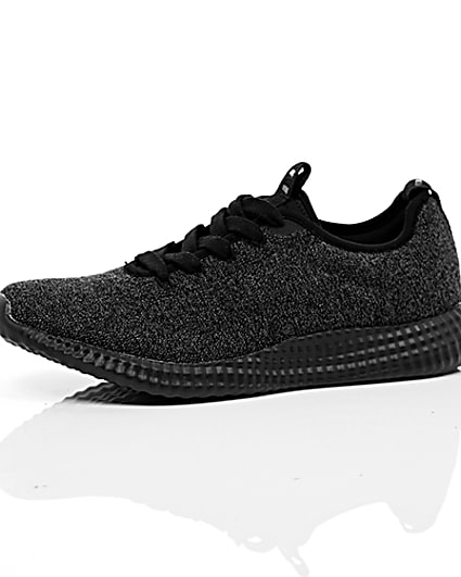 360 degree animation of product Black knitted sports runner trainers frame-23