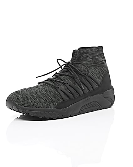 360 degree animation of product Black knitted sports trainers frame-0
