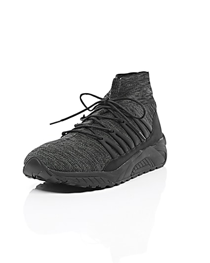 360 degree animation of product Black knitted sports trainers frame-1