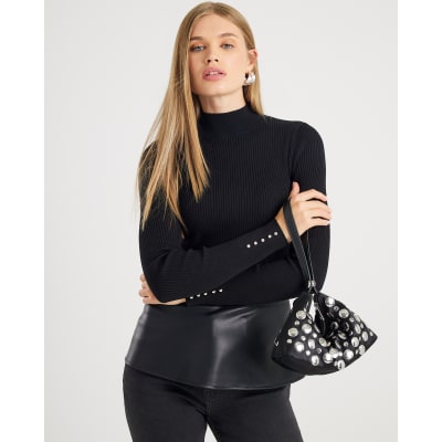 Black Knitted Studded Peplum Hem Top