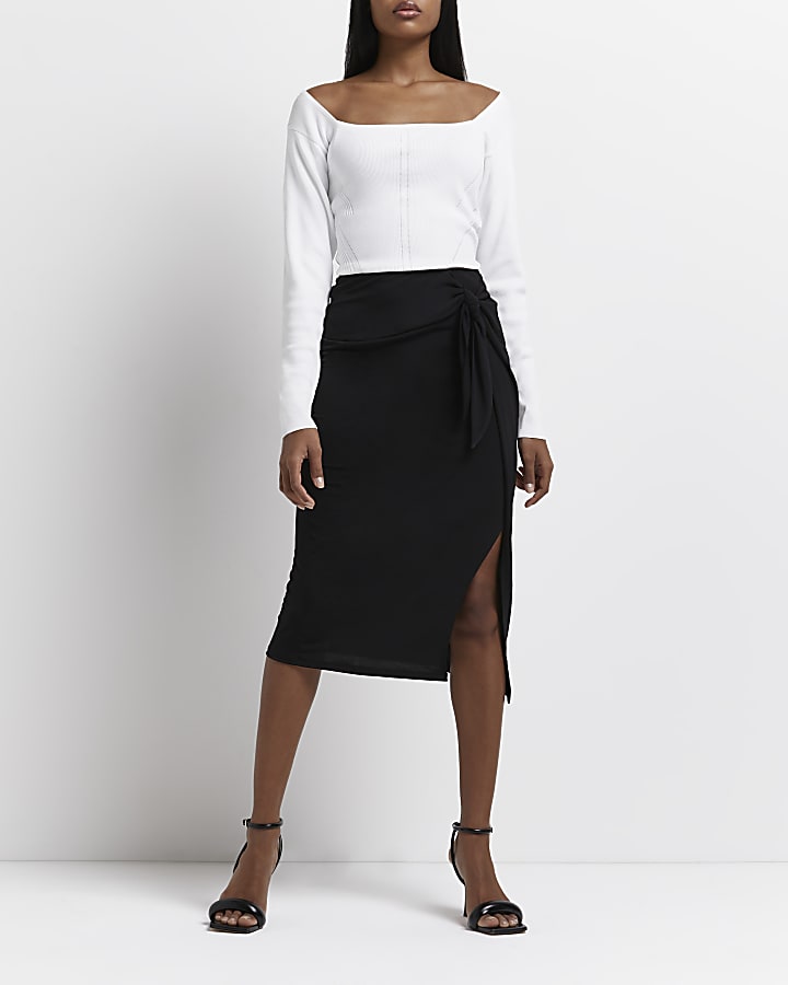 Black knot front midi skirt