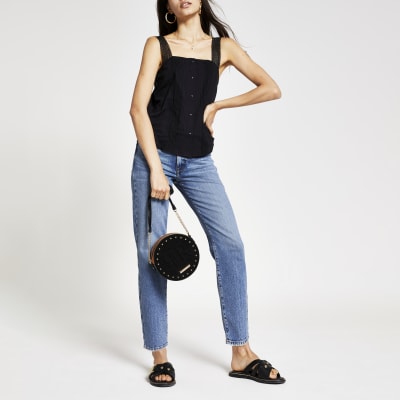 Black lace square neck cami top | River Island