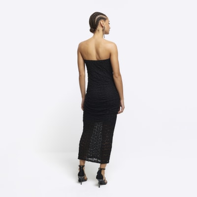 Black lace bandeau bodycon midi dress | River Island