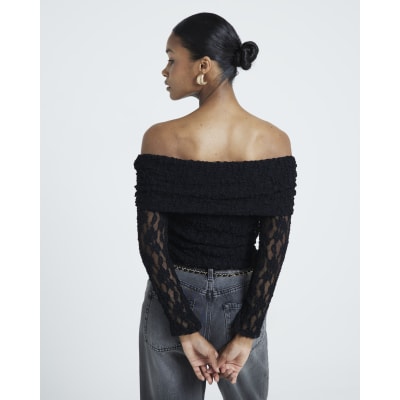 Black Lace Bardot Top River Island