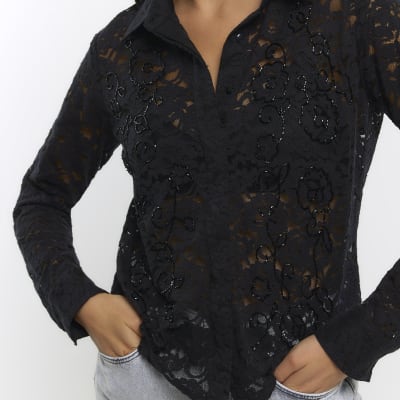 Black lace beaded shirt | River Island