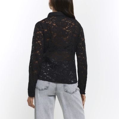 Black lace beaded shirt | River Island