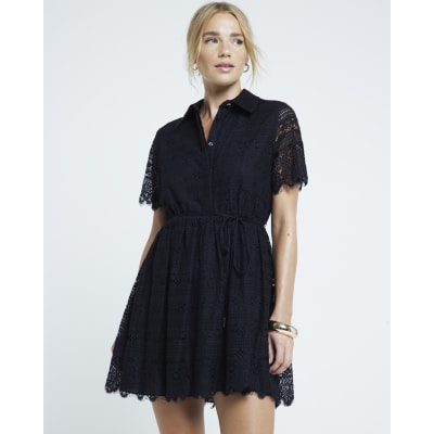 Black lace belted mini shirt dress River Island