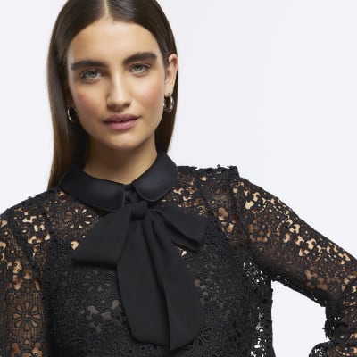 Black lace bow detail blouse | River Island