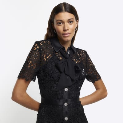 Black lace bow neck midi shirt dress | River Island