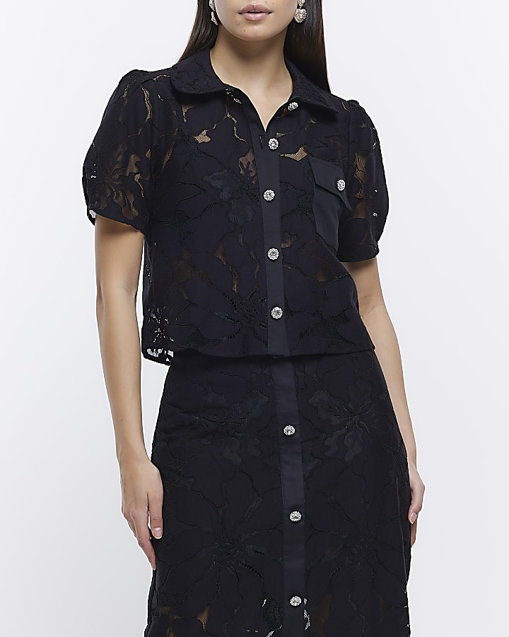 Black lace buttoned up crop blouse