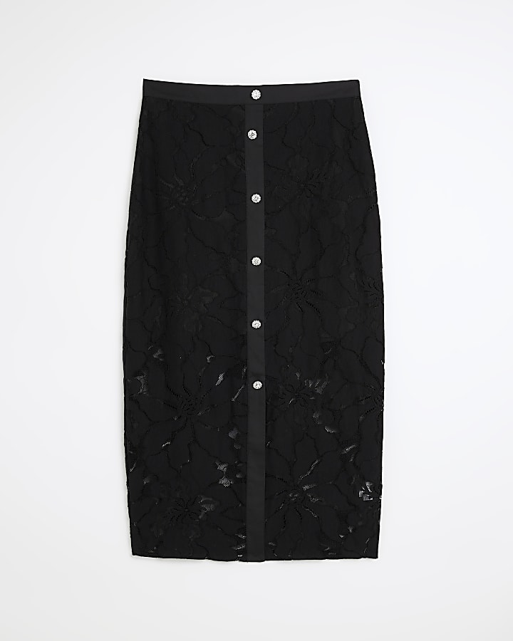 Black lace buttoned up midi pencil skirt