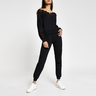 Black lace detail joggers | River Island