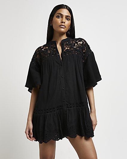 Black lace detail mini shirt dress