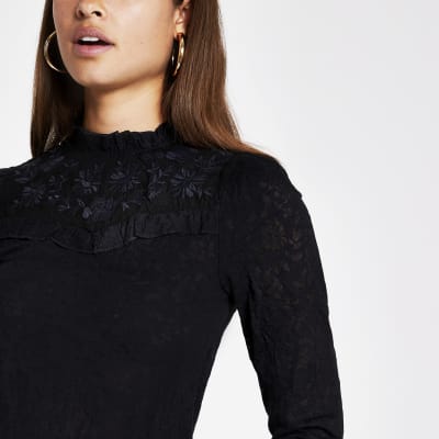 Black lace embroidered frill high neck top River Island