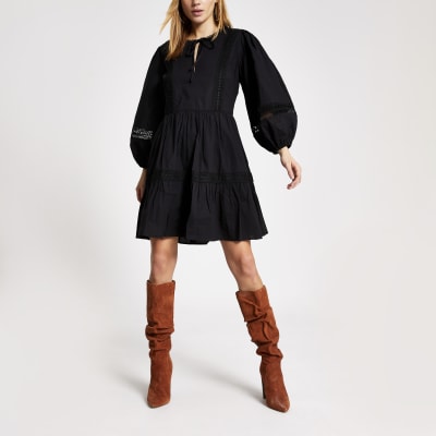 black embroidered smock dress