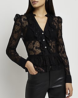 Black lace floral long sleeve blouse