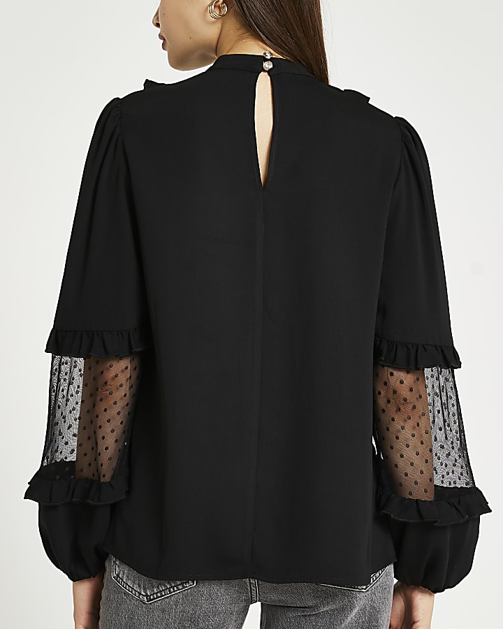 Black lace frill long sleeve blouse top