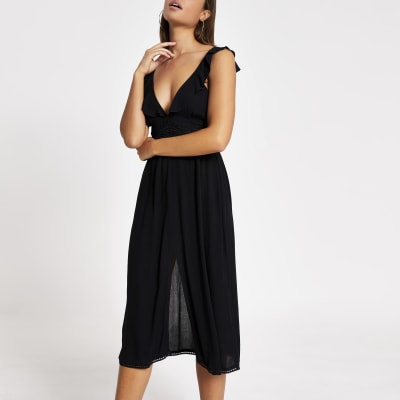 Black lace frill plunge midi beach dress  River Island