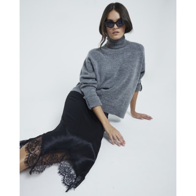 Midi Satin Skirt With Black Tights Black Lace Hem Satin Midi Skirt