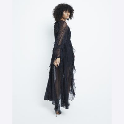 Black Lace Long Sleeve Frill Maxi Dress River Island
