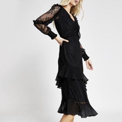 black midi dress with sheer sleeves