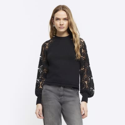 River Island Womens Black Lace Long Sleeve Jumper