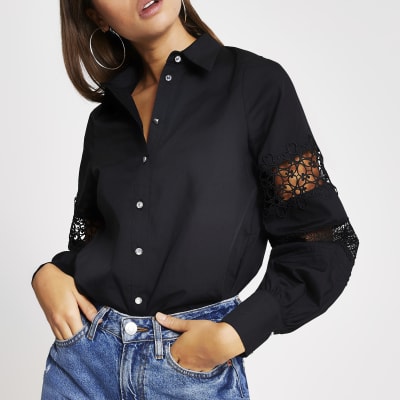 Black lace long sleeve shirt | River Island