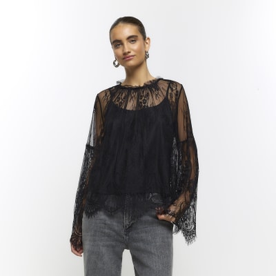 Black lace long sleeve top | River Island