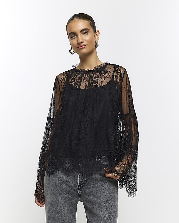 Black lace long sleeve top | River Island