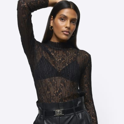 Black Lace Long Sleeve Top River Island