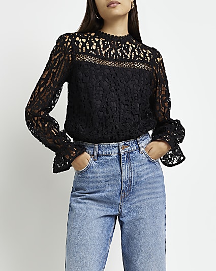 Black lace long sleeves blouse