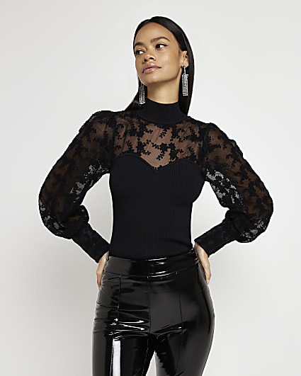 Black lace long sleeves top