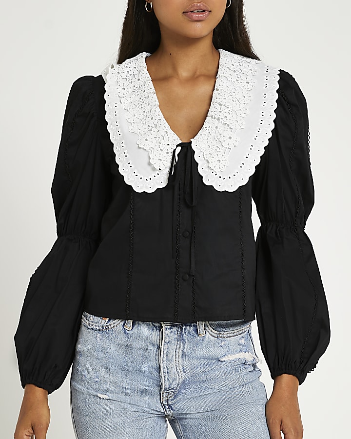 Black lace oversized collared shirt
