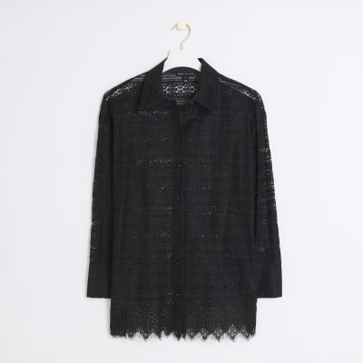 Black lace oversized long sleeve shirt | River Island