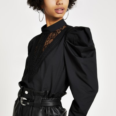 Black lace panel high neck top River Island